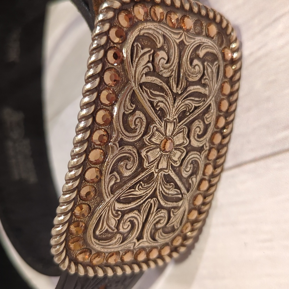 Justin Boots Black Engraved Leather Belt with Jeweled Buckle - Picture 2 of 6